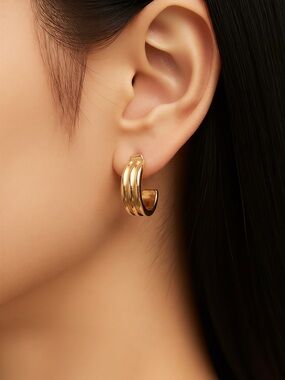 Classic Gold Triple-Row Hoop Earrings - Women Jewelry
